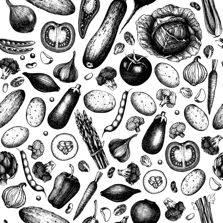 Vegetables seamless pattern. Healthy food background. Vegetarian food design. Hand-drawn vector illustration. NOT AI generated